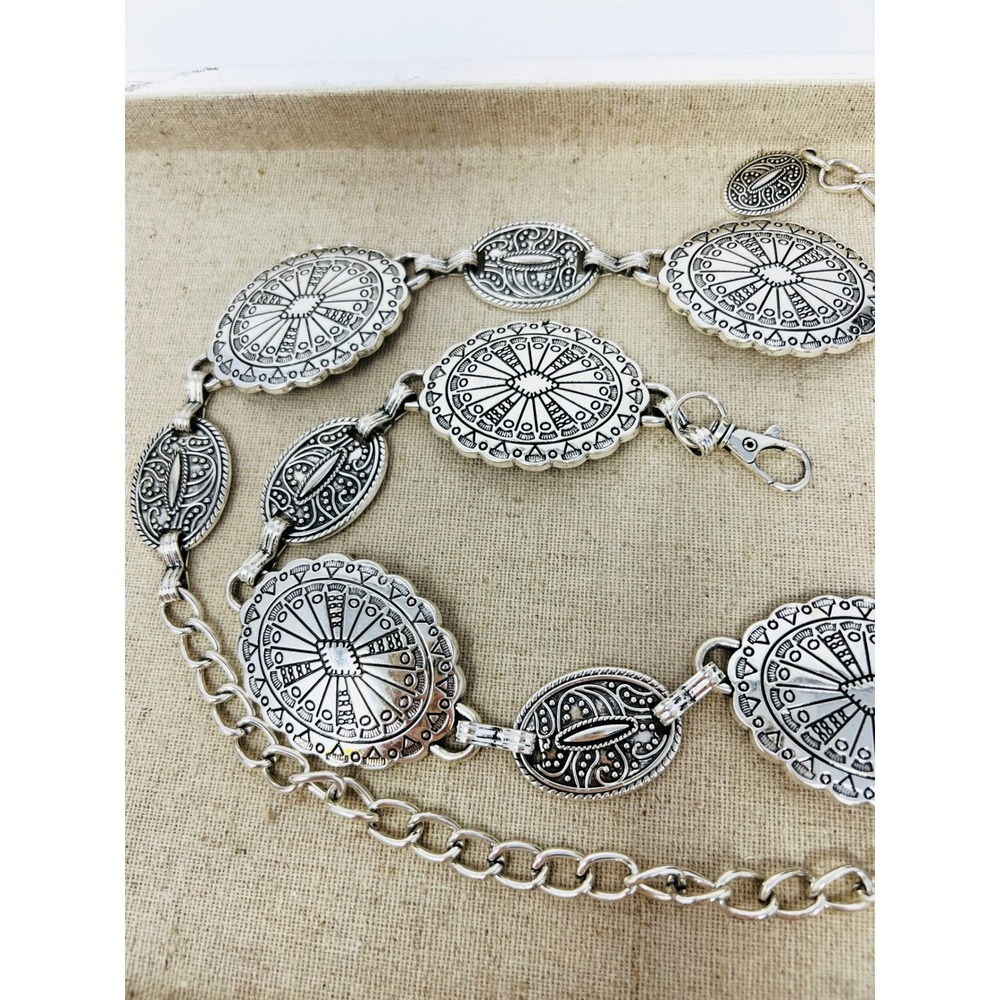 Western Silver Concho Chain Belt Adjustable Boho Sunburst Medallion Accessory - Picture 3 of 5